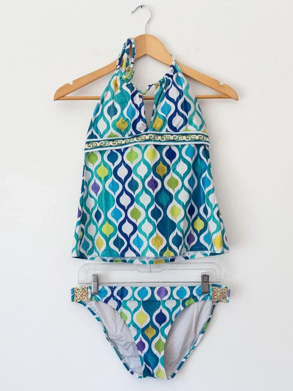 Trina Turk Tankini Swimsuit Size 6/8 Blue Green Geometric Halter 2 Piece 2000s - Picture 1 of 16